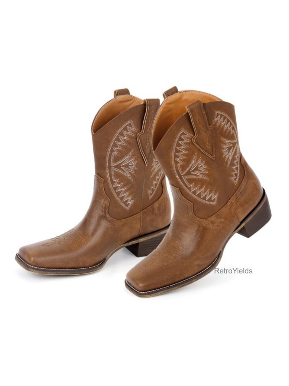 Western Cowgirl Ankle Boots Faux Leather Embroidered Block Heel